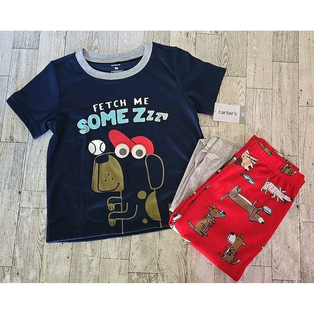 Carter's Pajamas 3T Dogs Googly Eyes Blue Red 3pc Shirt & 2 Pants Fetch Me Z NEW